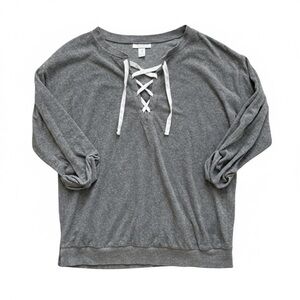 Motherhood Maternity Gray Lace Up V Neck Top Medium 3/4 Sleeve Bump Friendly